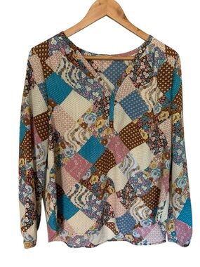 Pleione Patchwork Floral V-Neck Long Sleeve Blouse Bohemian Breathable L